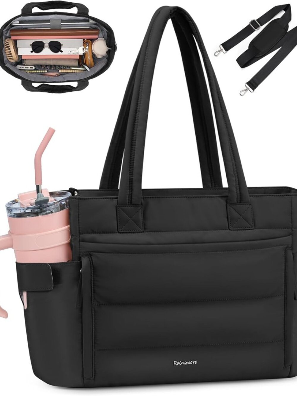 Puffer Tote Bag for Women with 40oz Tumbler Holder, Lightweight Quilted Work Bag